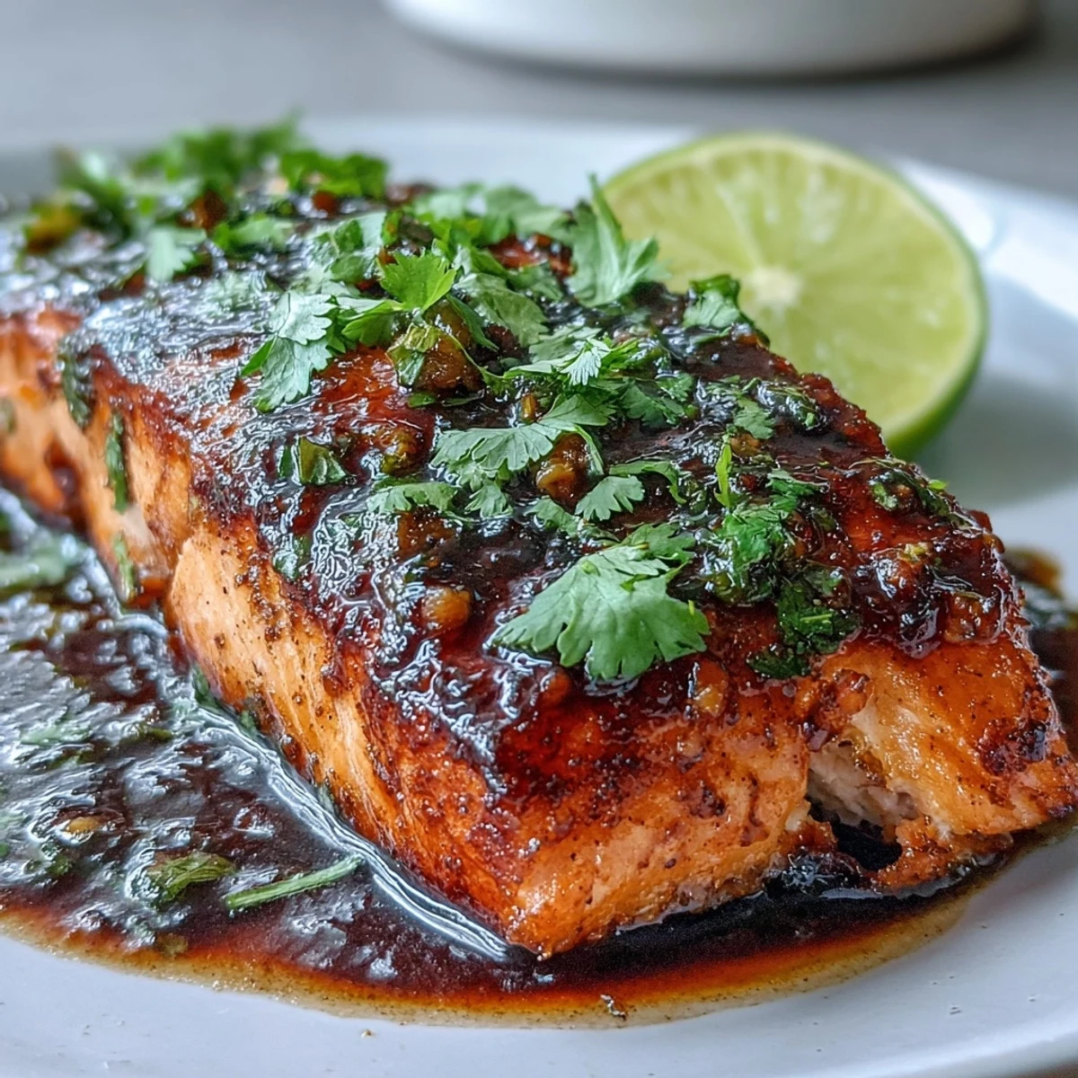 Oven-baked salmon fillets coated in a rich honey-lime garlic butter sauce, flaky and tender, garnished with chopped parsley and vibrant citrus wedges.