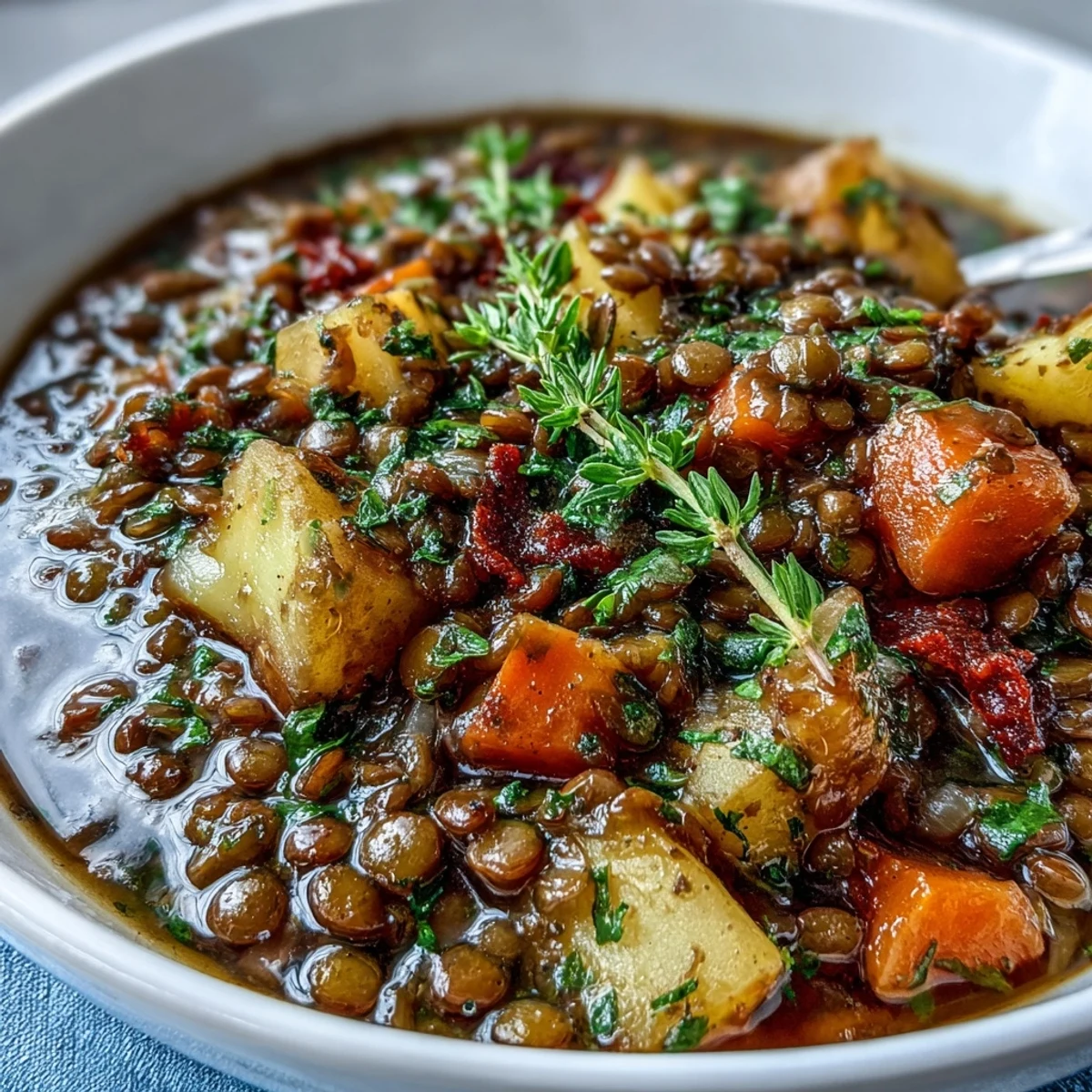 A steaming bowl of Little Sprout Green Lentil Stew with tender carrots, potatoes, and fresh greens in a savory broth.  
