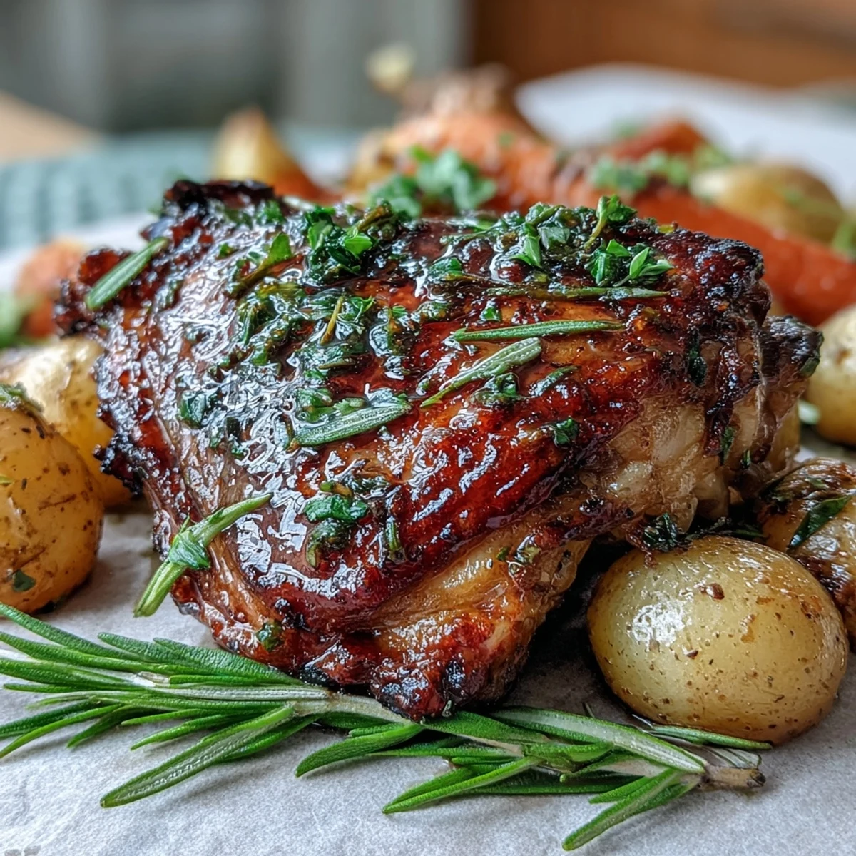 Juicy herb roasted chicken thighs with crispy skin, served alongside tender baby potatoes and sweet carrots in a rustic one-pan dish.