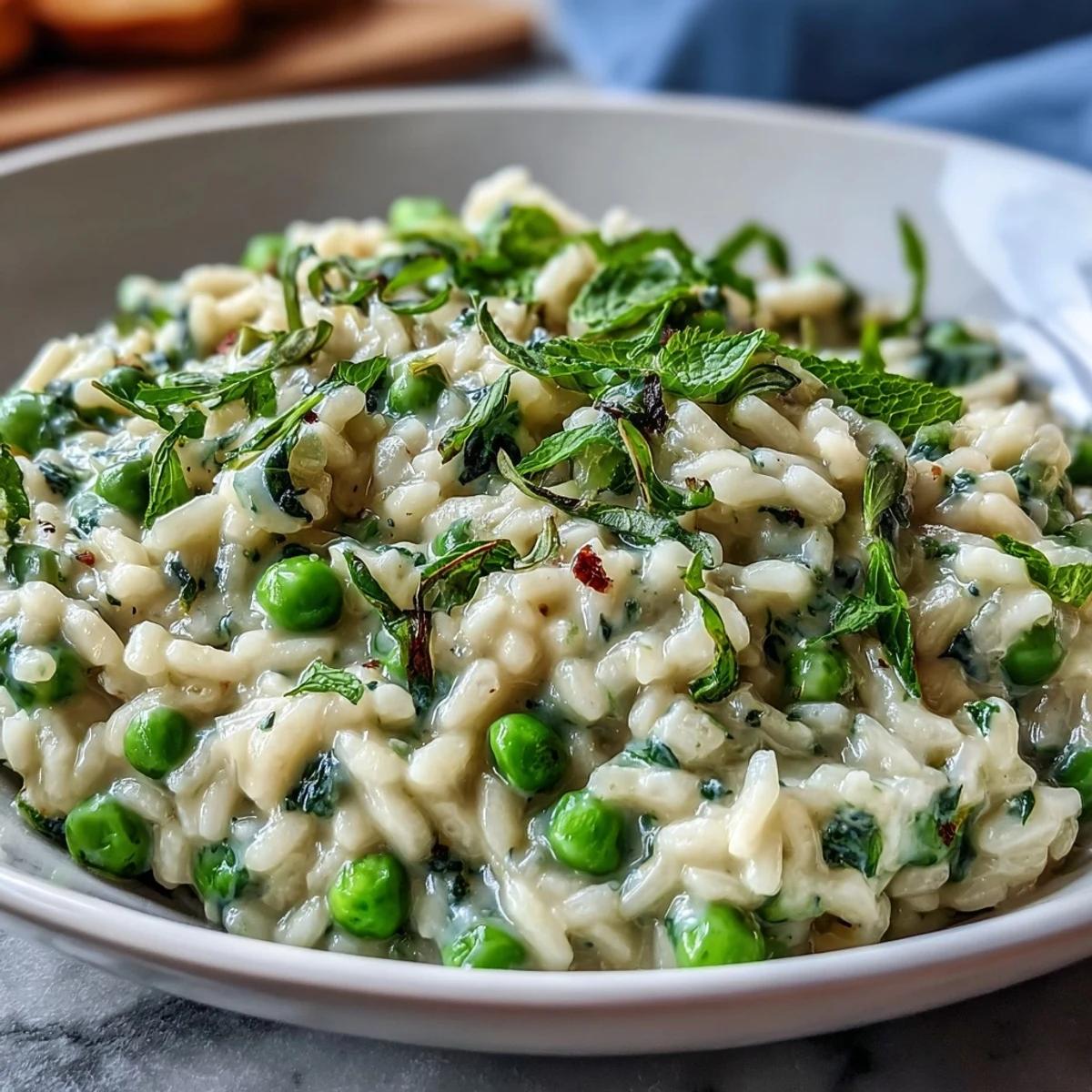Vibrant green risotto with sweet peas, fresh mint, and Parmesan served in a rustic white bowl for an inviting spring meal.