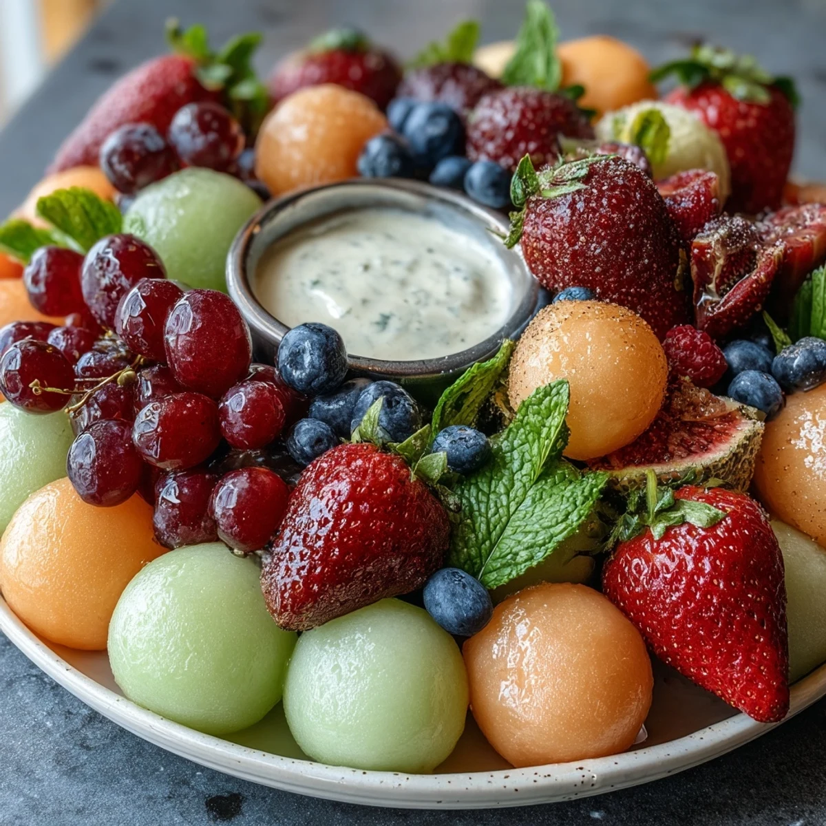 Fresh summer fruits arranged artfully on a platter, paired with a zesty honey-lime yogurt dip for a refreshing appetizer.  