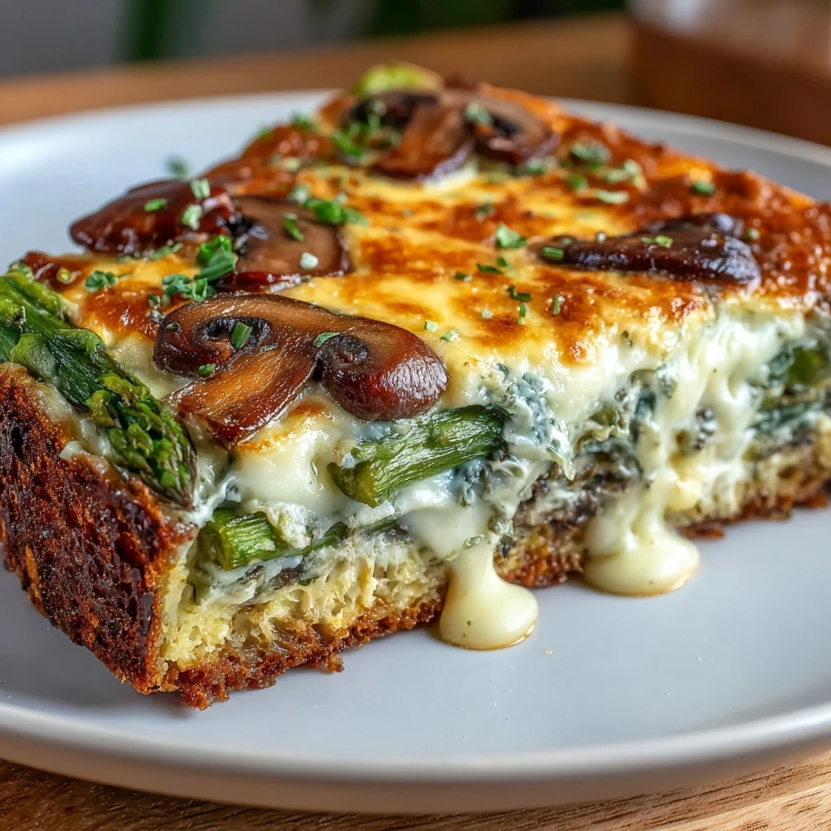A golden asparagus and mushroom frittata baked on a crisp sourdough crust, perfect for a savory brunch centerpiece.  