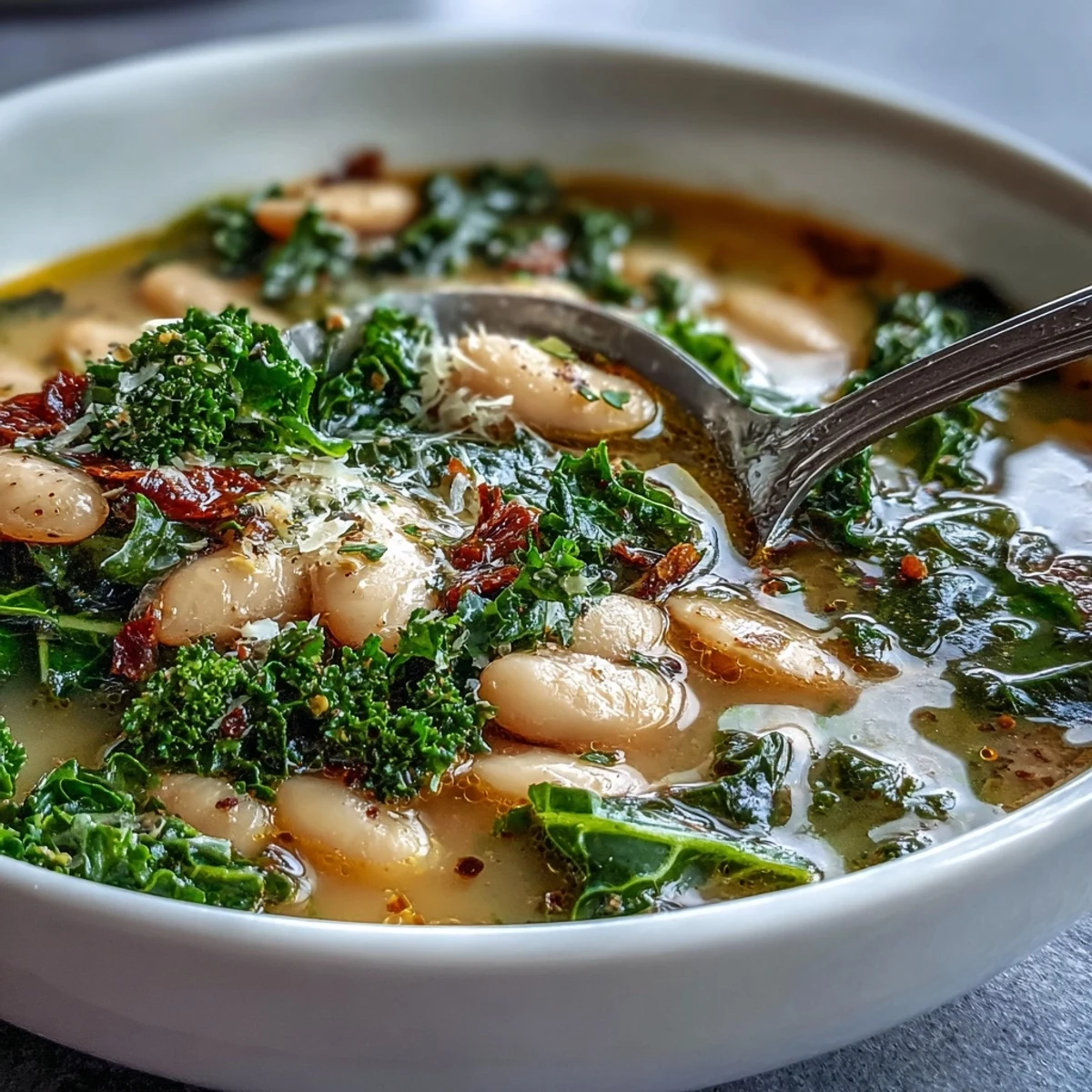 Close-up of hearty kale and white bean soup, with vibrant greens and zesty lemon-garlic aroma, ideal for cozy dinners.