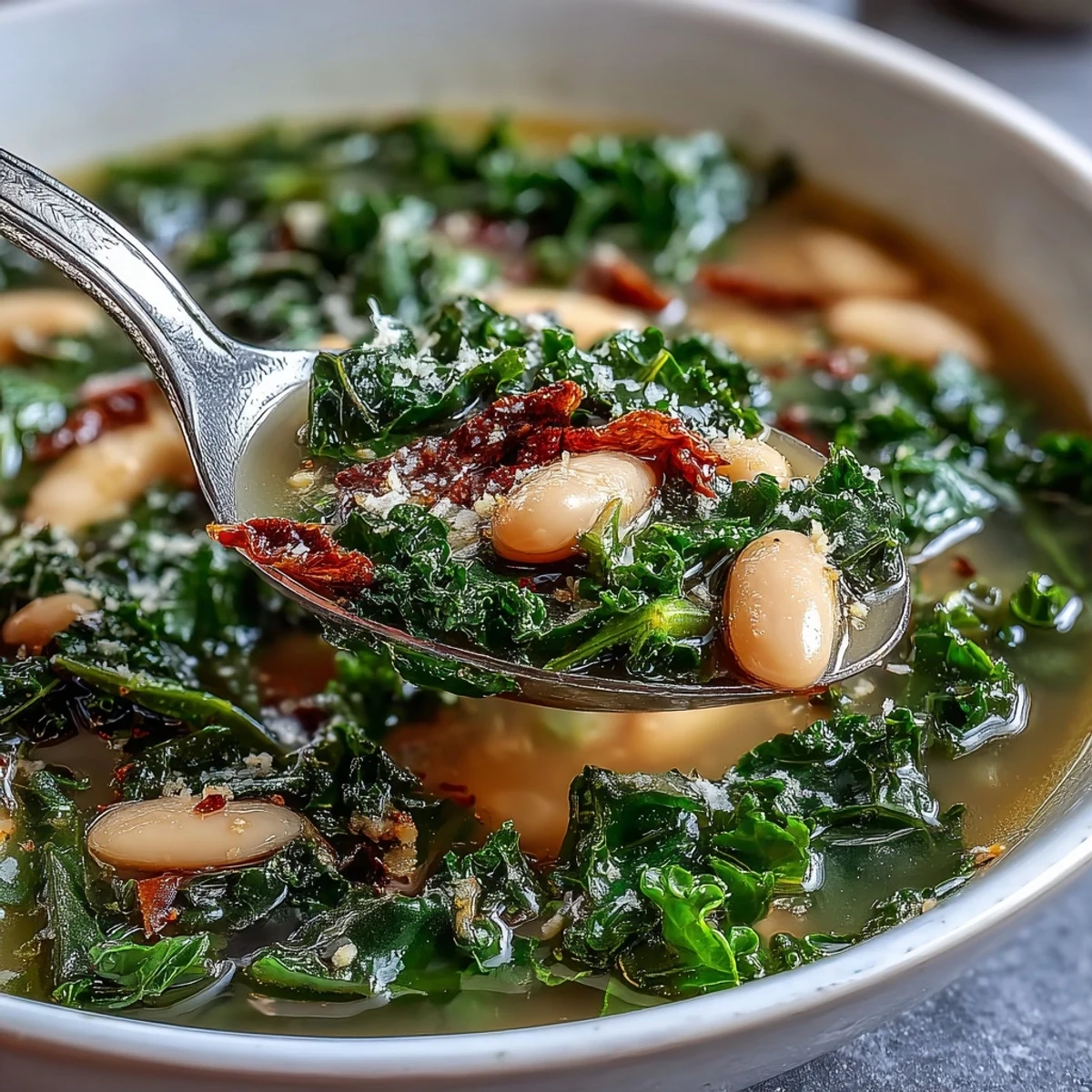 Hearty white beans and tender kale in a fragrant lemon-garlic broth, served with crusty bread for a comforting meal.