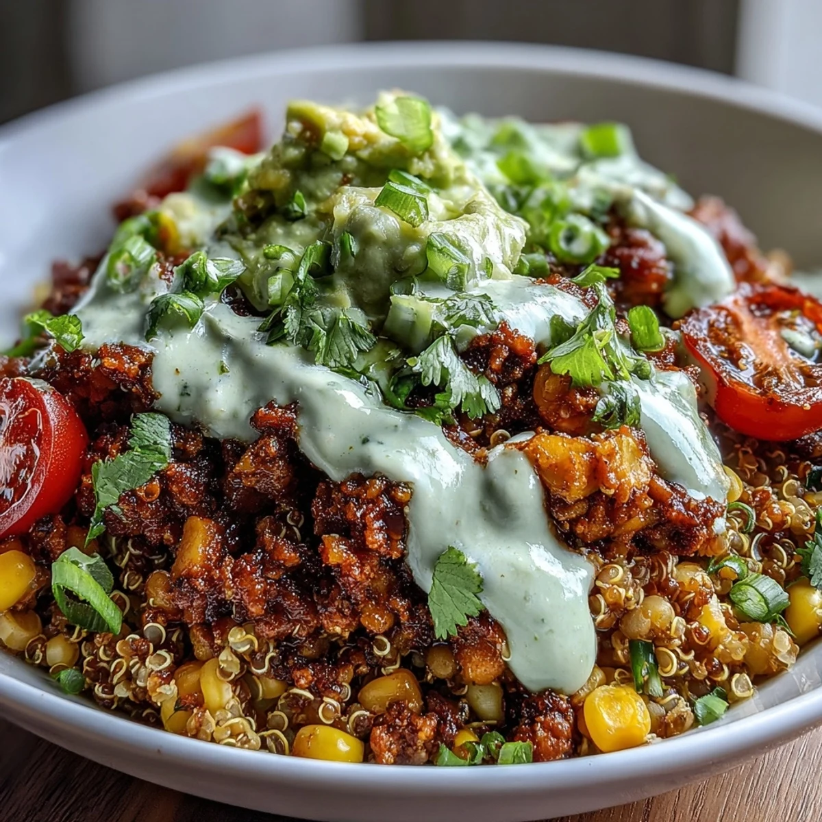 Hearty vegan One-Pot Lentil Taco Meat Quinoa Bowls topped with creamy avocado lime crema and fresh veggies.  