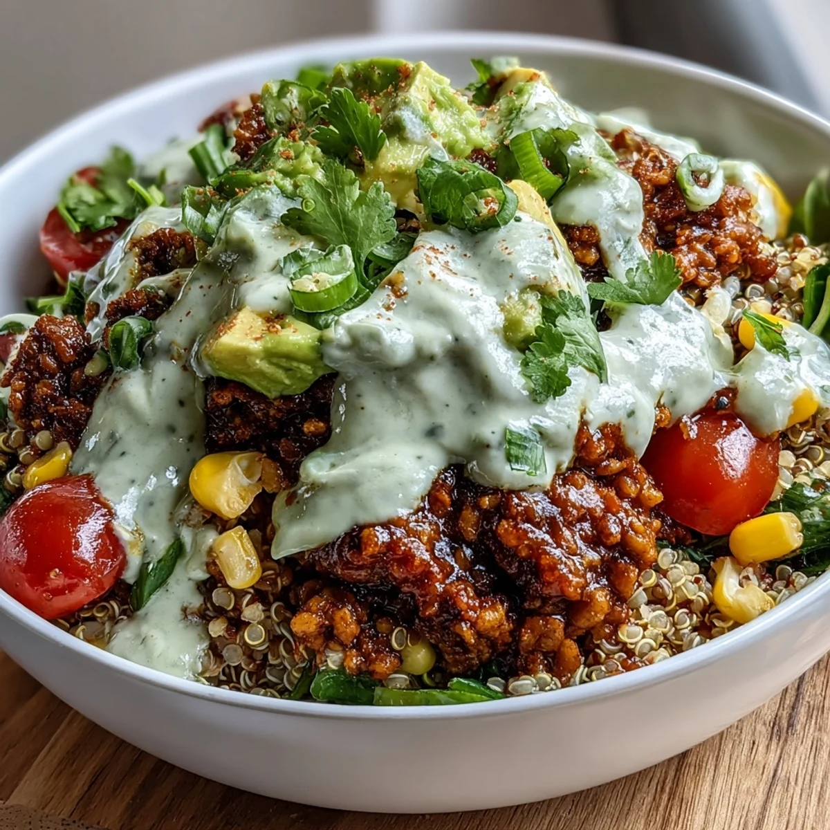 Wholesome One-Pot Lentil Taco Meat Quinoa Bowls with smoky spices, black beans, and a drizzle of rich avocado lime crema.