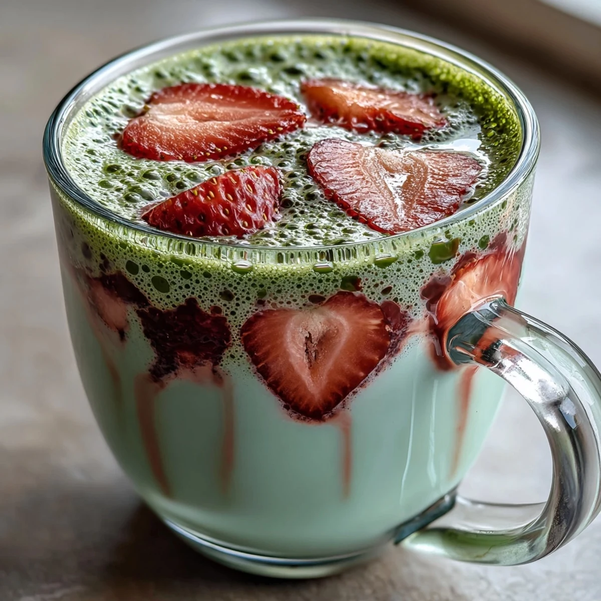 A warm strawberry matcha latte with vibrant green layers and sweet red strawberry purée, perfect for cozy evenings.