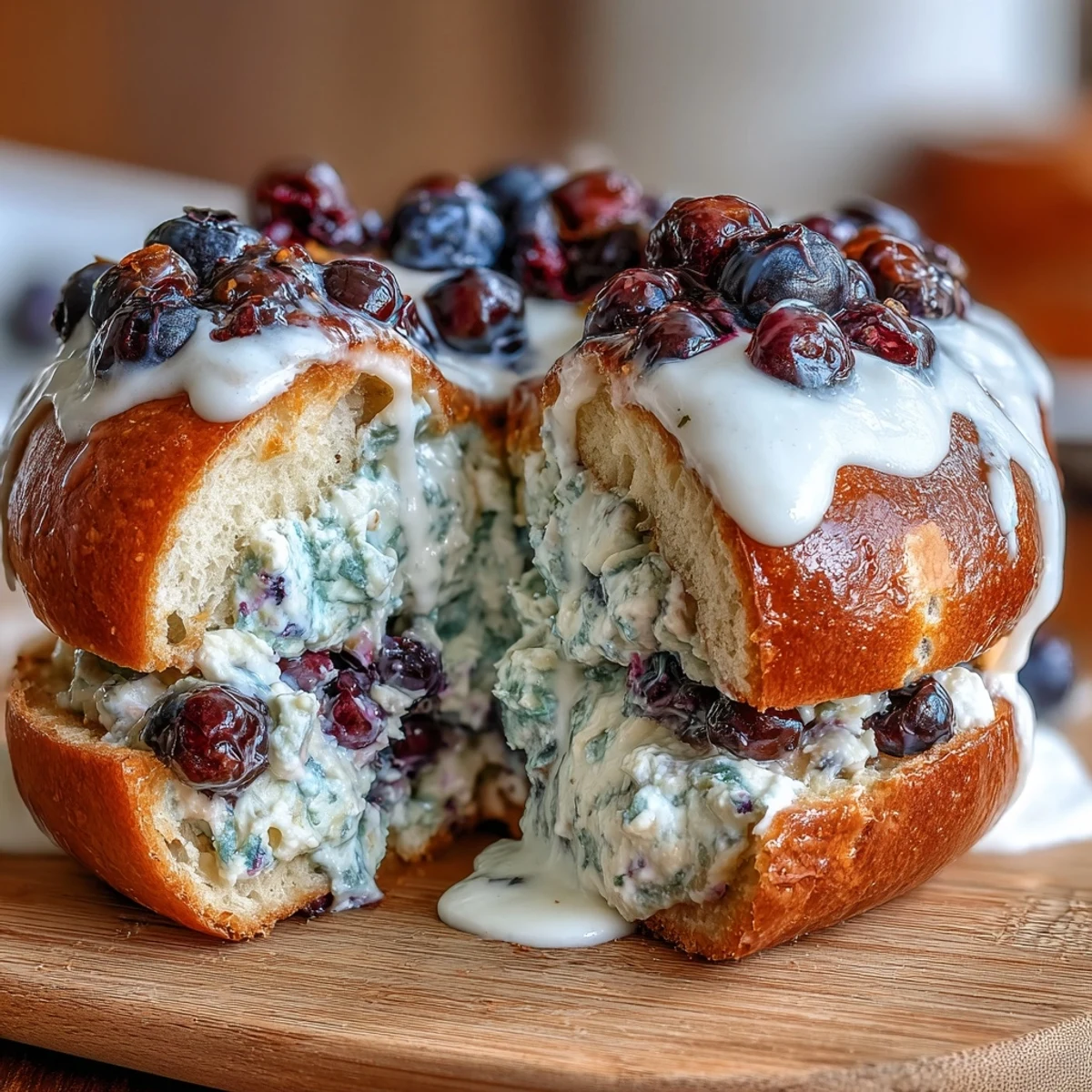 A stack of blueberry burst protein bagels with creamy Greek yogurt frosting, perfect for a healthy breakfast or snack.  