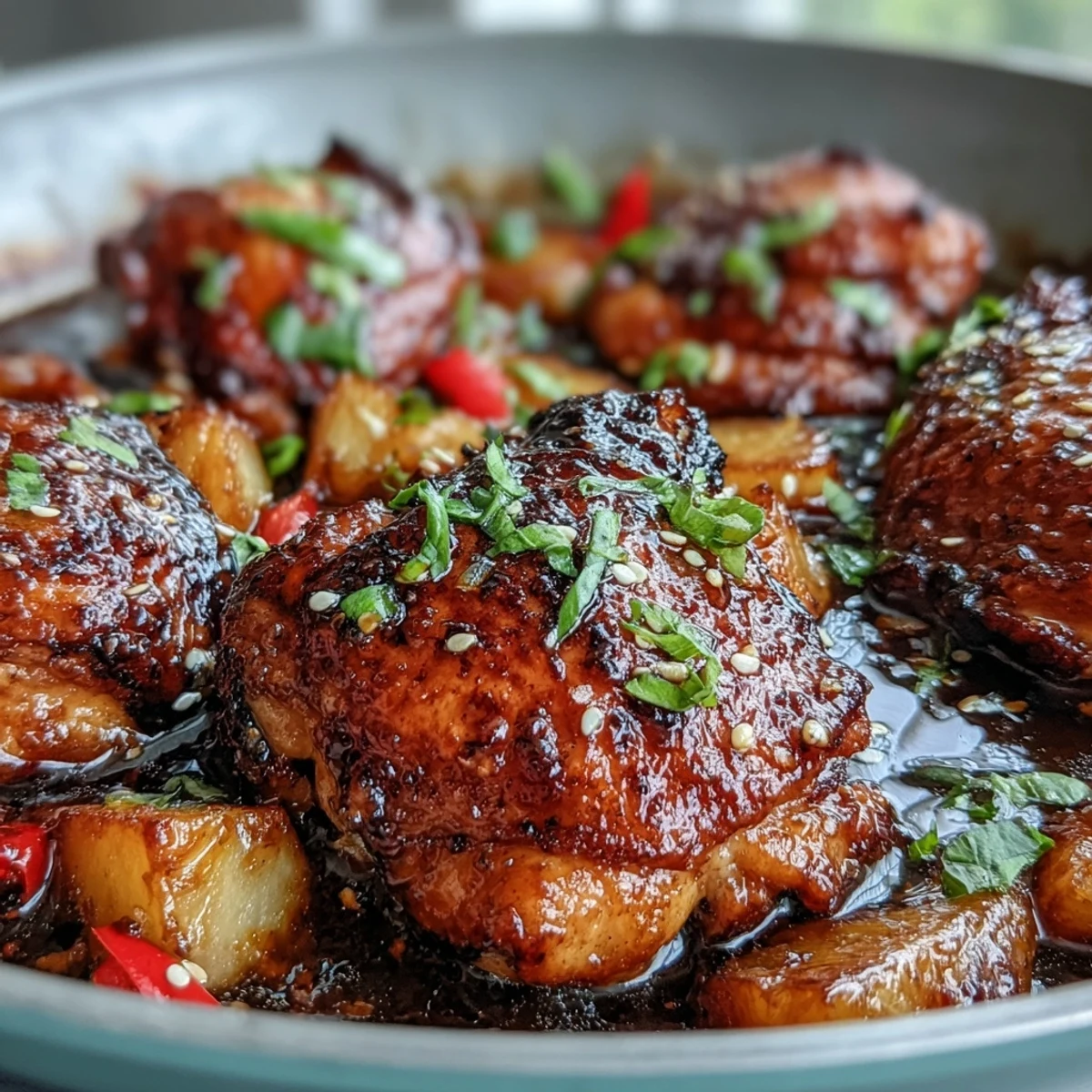 Sticky honey garlic chicken pineapple skillet with tender thighs and caramelized vegetables in a sweet-savory glaze.  