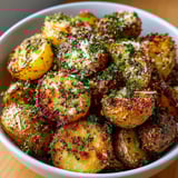 Close-up of hot Parmesan-Crusted Roasted Potatoes, coated in cheese and herbs, ready to serve.