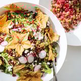 Bright, homemade salsa alongside a festive Winter Salad showcasing snowflake tortilla chip presentation.