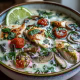 Aromatic Best Ever Tom Kha Gai Soup garnished with fresh cilantro, lime, and chili.