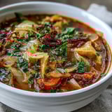 Garnished with fresh parsley, this Classic Cabbage Soup is served steaming in a rustic bowl, perfect for a light lunch. 