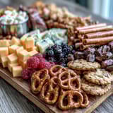 Colorful graduation snack board featuring cheese, meats, fruits, and cookies for a joyful spread.