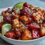 Colorful tropical fruit cups featuring juicy mangoes, pineapple, and watermelon with a tangy lime-chili kick for an easy vegan treat.  