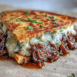 Cheesy, shredded beef birria quesadillas ready for dipping in spicy birria broth.