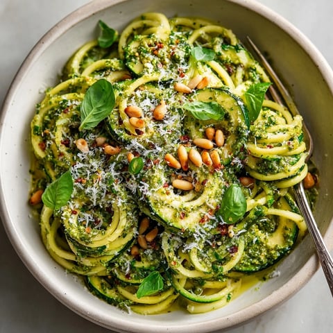 Vibrant green zucchini noodles with pesto topped with toasted pine nuts; a delicious, fresh Italian meal.