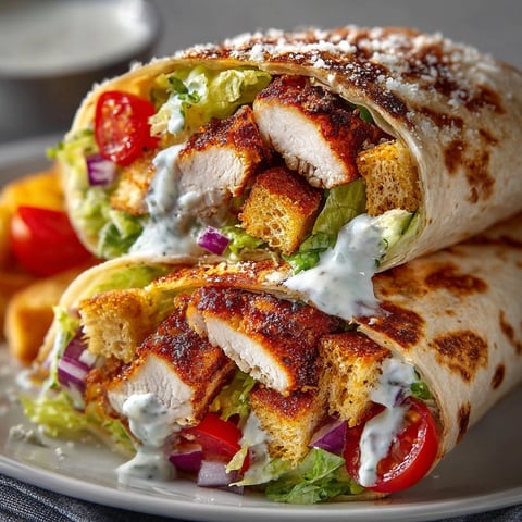 Cajun Chicken Caesar Wraps filled with spicy grilled chicken, crisp lettuce, and creamy dressing on a tortilla.