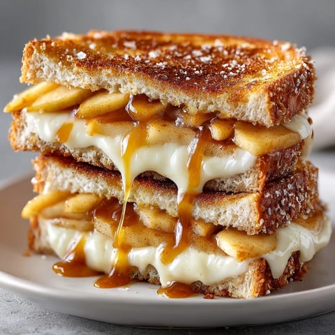 Golden cinnamon apple grilled cheese sandwiches oozing melted cheddar on buttered sourdough bread.