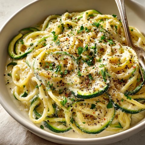 Garlic Parmesan Zucchini Noodle Alfredo plated with creamy sauce and fresh parsley garnish.