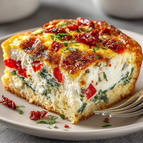 Breakfast Casserole with Spinach and Feta baked golden with creamy cheese and colorful veggies.