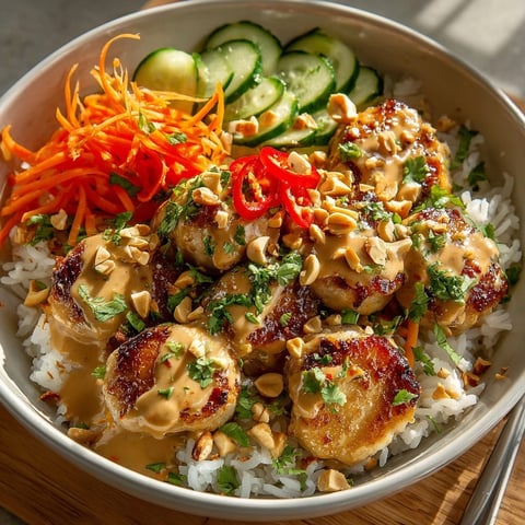 Thai Peanut Chicken Bowls with tender chicken, crisp vegetables, and creamy peanut sauce over jasmine rice