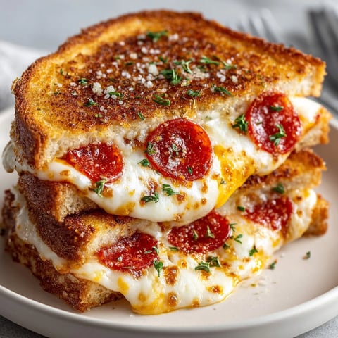 Close-up of Pizza Grilled Cheese with gooey mozzarella, pepperoni, and golden toasted bread.