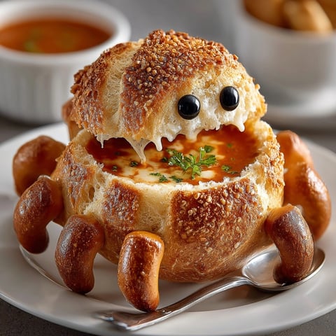 Golden Spider Bread Bowl filled with creamy tomato soup—ready for dipping fun.