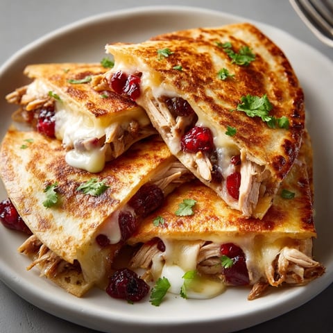 Golden Leftover Turkey Cranberry Quesadillas sizzling in a pan, cheese melting and bubbly.