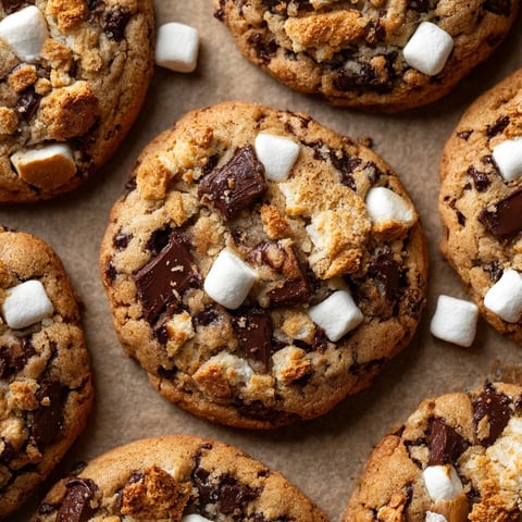 Golden Levain-Style S'mores Cookies, fresh from the oven, loaded with chocolate and marshmallows.