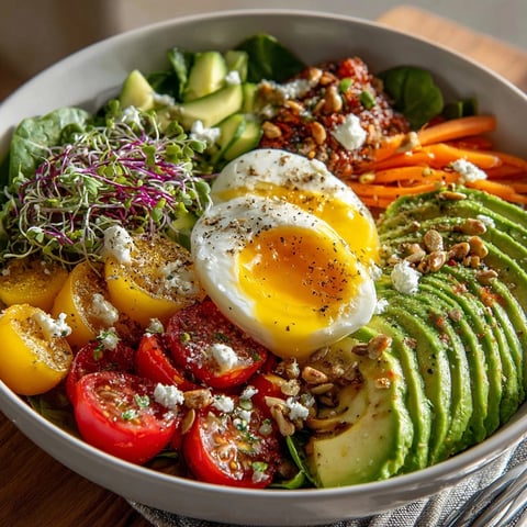 Colorful Microgreens Breakfast Bowl: soft-boiled egg, creamy avocado, and crunchy seeds shining with lemon dressing.