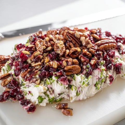 Creamy cranberry jalapeño dip topped with honey, perfect for festive gatherings.  