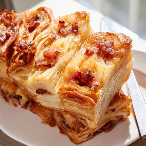Flaky Maple Bacon Croissant Loaf drizzled with warm maple syrup and buttery goodness.  