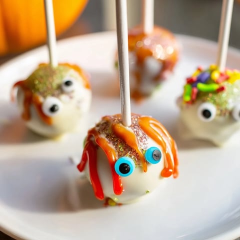 Moist caramel apple cinnamon monster cake pops decorated with colorful sprinkles and candy eyes.  