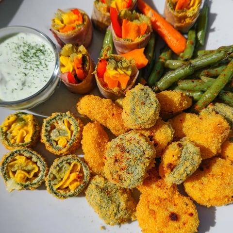 Crispy fried pickles served with colorful pickled vegetables for the Pickle Lovers Meal.  