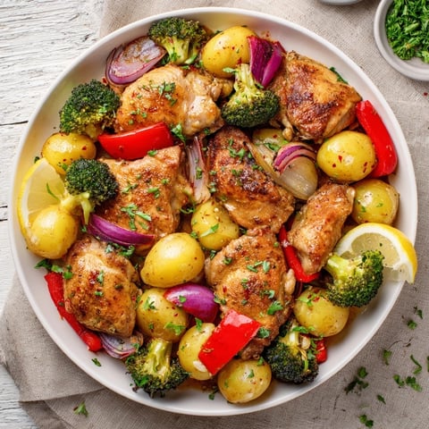 Juicy Lazy Gourmet Chicken & Vegetable One-Pot served with fresh lemon wedges.  