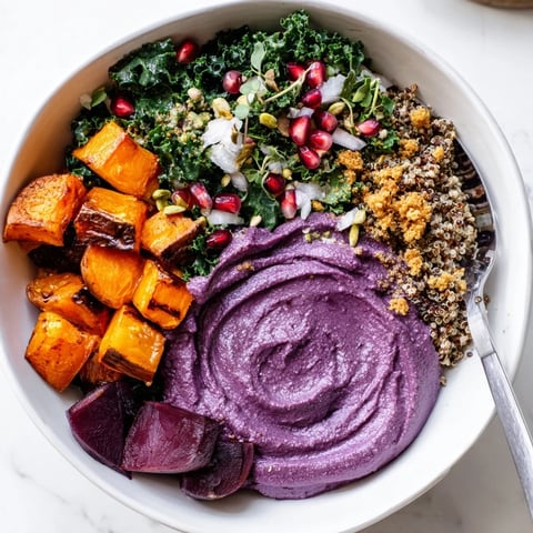 Creamy spiced winter bowls with roasted vegetables and vibrant ube-coconut purée.  