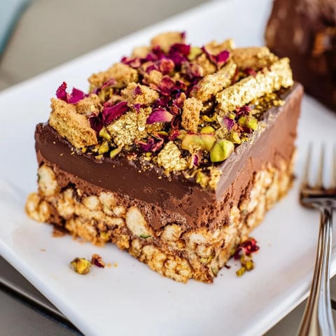 Decadent chocolate bar inspired creations topped with spiced date caramel and rose petals.  