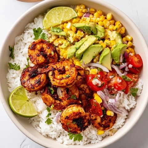 Spicy blackened shrimp bowl topped with vibrant avocado corn salsa and rice.  