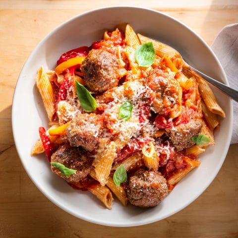 Hearty Italian Meatball Pasta Skillet topped with melted cheese, garnished with fresh basil.  