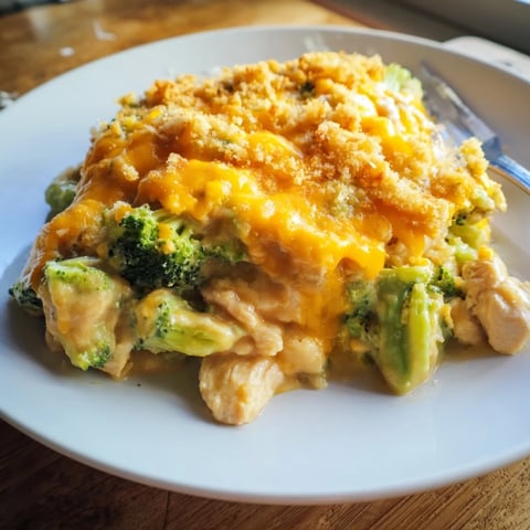 Creamy Chicken & Broccoli Cheddar Bake topped with crispy panko, perfect for weeknight dinners.  