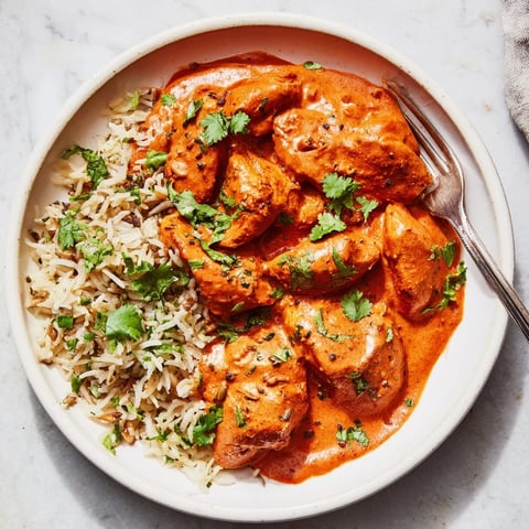 Tender butter chicken simmered in creamy tomato sauce with fragrant rice pilaf.  