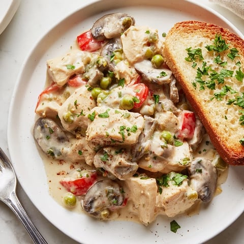 Creamy chicken à la king served over crispy buttered toast, a delightful main dish.  