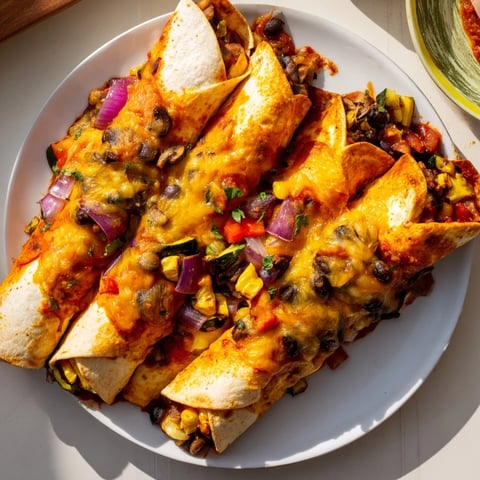 Farmers Market Vegetarian Enchiladas: a close-up of cheesy, bubbling, and flavorful baked dish, ready to serve.
