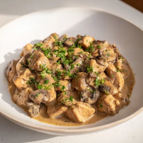 Creamy Chicken Stroganoff with tender chicken and a rich mushroom sauce, ready to serve over noodles.