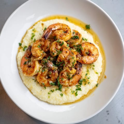 Creamy Shrimp & Grits with garlic butter—a Southern comfort classic, ready for your plate.