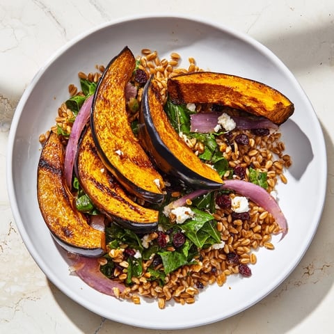 Golden maple‑roasted acorn squash tops a vibrant Farro & Mustard Green Salad with a zesty vinaigrette.