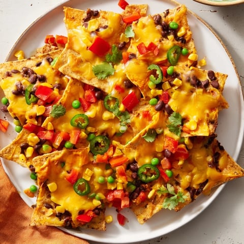 Sheet-Pan Nachos with melted cheddar, colorful veggies, and beans, ready for serving with fresh toppings.