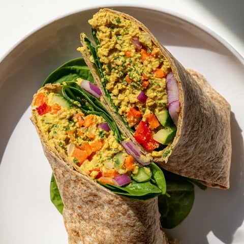 Brightly colored chickpea salad wraps on display, ready to eat and filled with fresh vegetables.