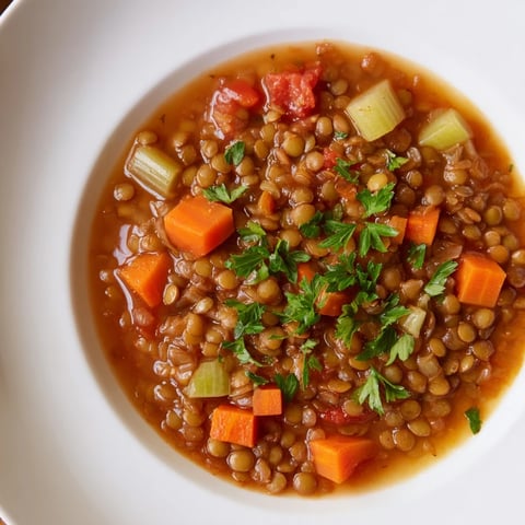 Steaming bowl of Lentil Soup with carrots and celery, garnished with fresh herbs, ready to serve.